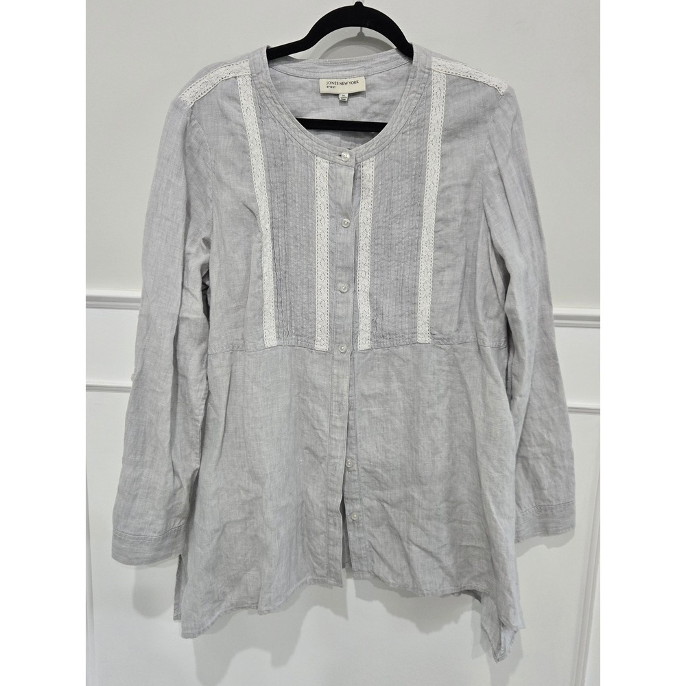 Jones New York Sport Gray 100% Linen Lace Trim Pleated Bib Tunic Blouse XL